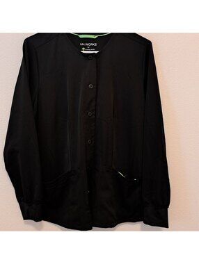 HH WORKS Healing Hands Black Long Sleeve Medical Scrub Jacket Medium button up